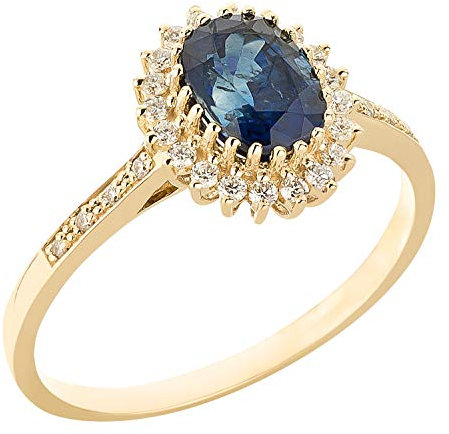 Ardeo Aurum Damenring aus 375 Gold Gelbgold mit 0,24 ct Diamanten Brillant 1,6 ct blauer Saphir oval 8x6 mm Edelstein Verlobungsring Gr. 52
