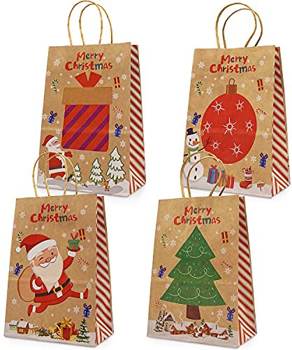 Weihnachtsdekoration, 24 Stück Weihnachtskraft Geschenktüten Verschiedene Weihnachtspapiertüten mit Griffen Weihnachtstüten mit Weihnachtsdruck zum Verpacken von Geschenken, Partybedarf