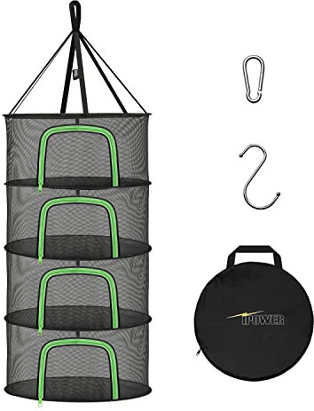 iPower Kräuter-Trockenständer, 4-lagig, 60 cm, zum Aufhängen, Netz-Trockner, zusammenklappbar, mit U-förmigen Reißverschlüssen, Pothook, Karabiner und Aufbewahrungstasche, für Hydrokultur, Blumen,