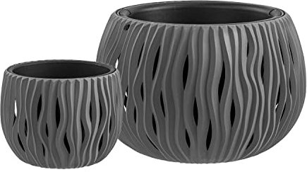 Blumentopf Sandy Bowl Set 2in1- Durchmesser 24cm, 14,4cm - Pflanzkübel Zusammensetzung mit Sand-Design Blumenkübel Pflanztopf Rund, Grau