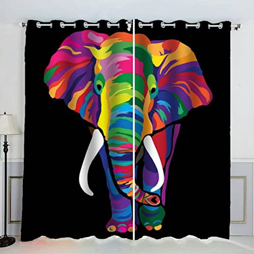 2 Stück Gardinen Böhmen bunt Elefant Vorhänge Verdunkelung Vorhang Blickdicht mit Ösen Wohnzimmer Gardinen Kinderzimmer Schlafzimmer Gardinen Kurz 234 x 137 cm BxH