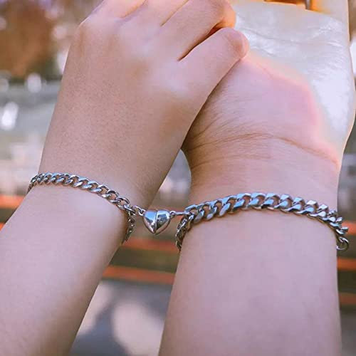 Wendalern Magnetische Paar Armbänder Set Punk Kubanische Kette Armbänder Passende Magnetische Herz Armbänder Silber Versprechen Paare Armbänder Schmuck Für Freund Freundin Geschenke