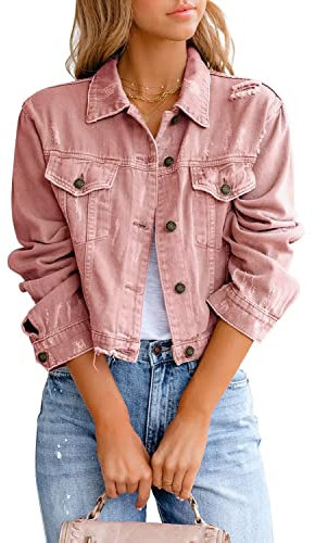 ZOLUCKY Giacca di jeans da donna in denim invecchiato sfilacciato strappato giacca casual button down giacche leggere, E rosa., X-Large