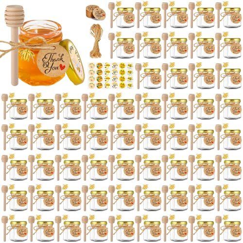 GIVAMEIHF Lot de 60 mini pots à miel hexagonaux en verre avec cuillère en bois, autocollants, petites étiquettes, corde, petits pots à miel avec couvercles, parfaits pour les cadeaux de mariage, les