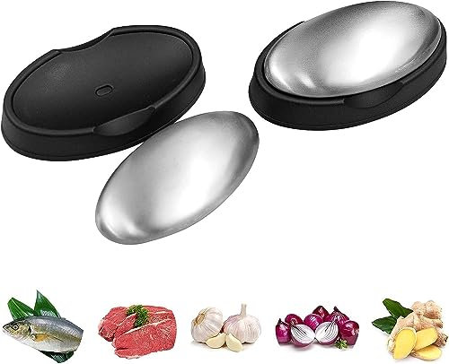 Savon INOX Désodorisant,Maison Savon Anti Odeur,Ustensiles de Cuisine,2PCS Savon Gadget Cuisine avec Support Noir pour Eliminer Les Oignons Poissons Ail Fortes Odeurs des Mains