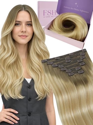 Fshine Hair Extensions Clip in Kastanienbraun mit Honigblond 50cm 120g | Clip in Extensions Echthaar, Schnell einsetzbar, ohne zusätzliche Werkzeuge, Anfängerfreundlich, natürliche Haarintegration