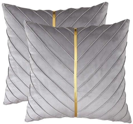 Tosleo 50 x 50 cm Kissenbezüge 2er Set Samt Kissen mit Goldfarbenem Leder Dekokissen Moderne Luxuriös für Sofa Gartenbett Couch Wohnzimmer Sofakissen Bett Grau