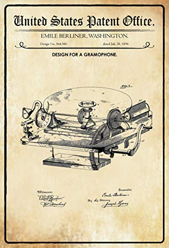 DekoDrom® Blechschild 20 x 30 cm US Patent Grammophon Schallplatten Musik historisches Motiv II Wand Deko Sammler Geschenk