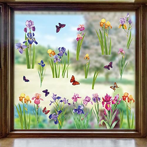 ORIGACH 9 Bögen Blume Frühlings Fensteraufkleber – Doppelseitige Iris Blumen Fensteraufkleber – Anti-Kollisions Blumenaufkleber für Glastüren – Zuhause, Küche, Kühlschrank, Heimwerkerbedarf
