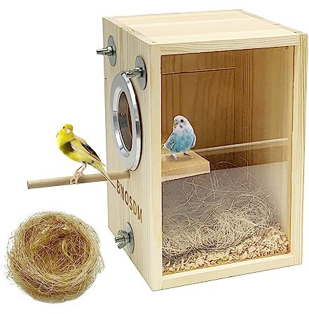 BNOSDM Kleiner Sittich-Nistkasten, transparente Vogelzucht-Nistkästen, Naturholz, Vogelkäfighaus mit Kokosfaser für kleine Sittiche, Finken, Papageien, Kanarienvögel