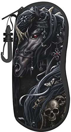 Sonnenbrillen-Etui mit Gürtelclip, tragbares Brillenetui, schwarzes Pferd mit Horn, Totenkopf, Neopren, Reißverschluss, Brillentasche für Damen und Herren, Schwarz , One size