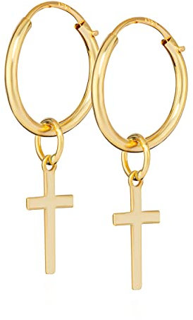 NKlaus Paar 10 mm Gothic Creolen mit Kreuz 585 Gelb Gold 14 Karat Kreuz Ohrringe 14314