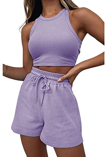 Geagodelia Damen Zweiteiler Sommer Hosenanzug Elegant Outfits Kleidung 2 Teiler Set Crop Tank Top + Shorts Y2k Aesthetic Clothes Workout Sport Anzug (B - Violett, M)