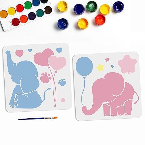 MAYJOYDIY 2 Baby-Elefanten-Schablonen, 30 x 30 cm, Stern, Herz, Ballon, Elefant, Fußabdruck, Muster, Wanddekoration, mit Pinsel, DIY, Handwerk, Heimdekoration