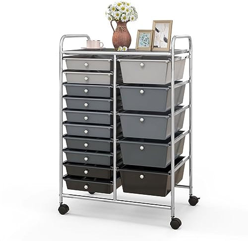 GiantexUK 15 Drawers Rolling Trolley, Utility Storage Organizer Cart with Wheels, Home Office Hairdressing Salon Shelving Organizer Unit (Gradient Black + Silver Frame)
