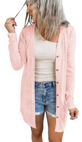 ANFTFH Cardigan da donna con bottoni, a maniche lunghe, leggero, lungo, sottile, casual, top, A2 rosa chiaro, XL