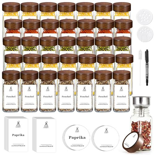 SIAZIH 24 quadratische Flaschen mit Akazienholzdeckeln, Gewürzdosen Eingebaut Gewürzetiketten, Gewürzstreuer 120ML, Spice Jars aus Hochwertigem Borosilikatglas