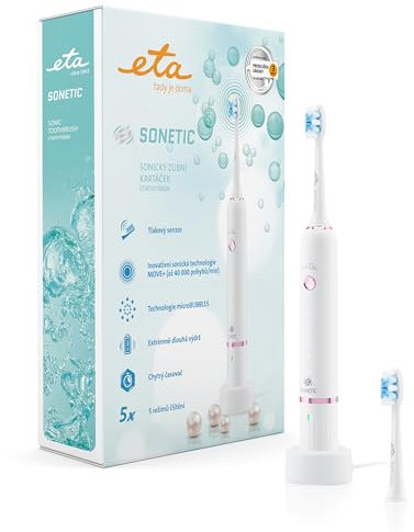 ETA elektrische Schallzahnbürste I Sonetic I 5 x Reinigungsmodi I bis zu 40000 Bürstenkopfbewegungen/Minute I Drucksensor I Timer I 3,7 V Li-Ion-Akku I IPX7 I 2 Ersatzköpfe I Weiß