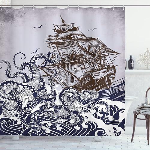ABAKUHAUS Nautisch Duschvorhang, Boot Octopus Retro Design, Stoffliches Gewebe Badezimmerdekorationsset mit Haken, 175 x 200 cm, Marineblau Braun