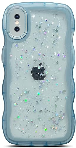 Qokey for iPhone Xs Max Case 6.5 Curly Wave Edge Design Transparent Bling Glitter Star Shiny Cute Clear Transparent Full Protection Soft TPU Shockproof Phone Cover for Women Girls,Blue