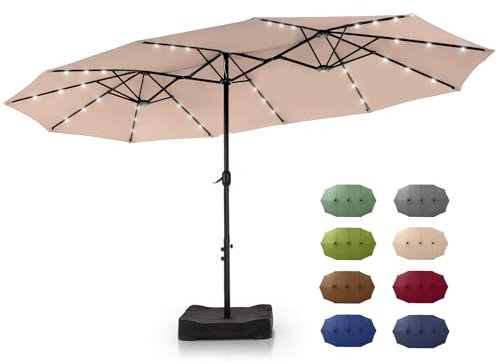 GREEN PARTY Grand parasol de terrasse rectangulaire avec lampes solaires et base incluse, parasol de table d'extérieur double face avec manivelle, parasol de marché rectangulaire pour piscine, jardin,