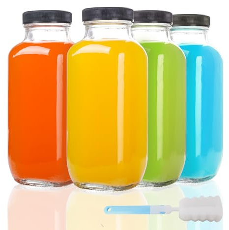 YBCPACK Smoothie Flaschen Glas 500ml, 4 Stück Wiederverwendbare Glasflaschen zum Befüllen, Leere Saftflaschen mit Deckel für Saft, Milch, Eistee und Smoothie to go