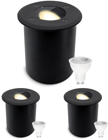 SSC-LUXon 3er Set JUAVI Bodeneinbauleuchte aussen IP67 LED - Bodenstrahler schwarz 230V befahrbar - inkl. GU10 LED Lampe 3W warmweiß