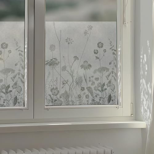 funlife Fensterfolie Blickdicht 58x120 cm, Sichtschutz beidseitig Blickdicht statisch selbsthaftend Folie für Küche, Opaque Blossom Gras Sichtschutzfolie Glasfolie, Distel und Gänseblümchen