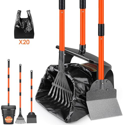 Lukovee Hundekotschaufel, 95 cm lang, verstellbarer Metallgriff, Schwenkeimer & Rechen & Spaten-Set mit 20 Kotbeuteln, tragbare, nicht zerbrechliche Kotschaufel für Kies, Hof, Rasen, Gras, Orange