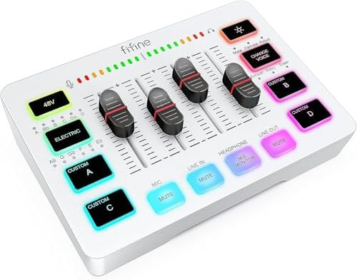 FIFINE Mixer audio da gioco, streaming RGB PC Mixer con interfaccia microfono XLR, controllo individuale, controllo del volume, tasto muto, alimentazione phantom 48 V, per podcast, registrazione,