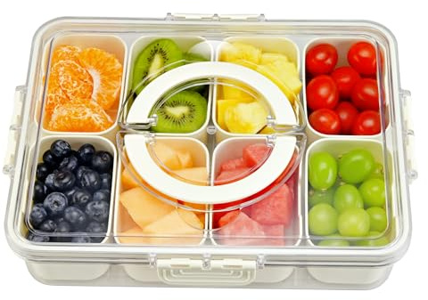 Snackschale mit Deckel, Snackbox mit fächern, Snackteller mit Deckel und Griff für SüßIgkeiten Nüsse Früchte, Mit 8 Fächern Snack Aufbewahrungsbox für Picknicks (Nicht für Spülmaschinen Geeignet)