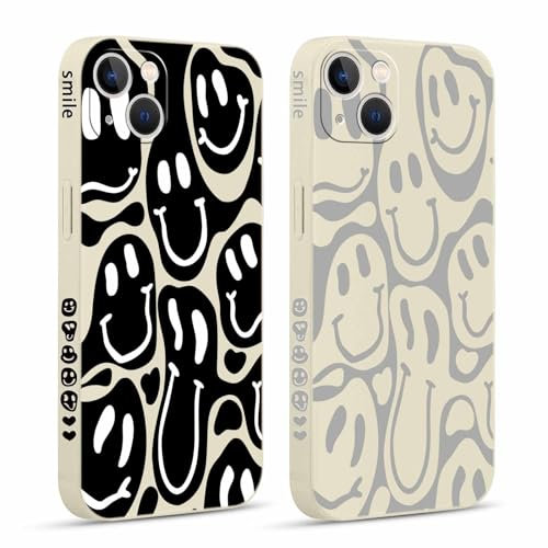 Pnakqil 2 stück Handyhülle für Apple iPhone 13 Mini 5,4,Hülle Lustiges Verdrehtes Lächeln Face Design Grimace Bemaltes Muster süß Aesthetic Mädchen Silikon Schutzhülle Tasche Schön Kameraschutz Case