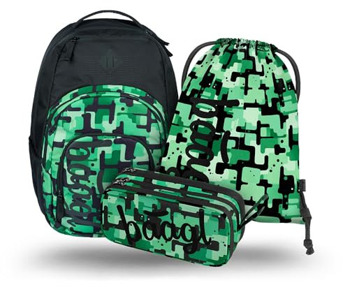 Baagl Schulrucksack Set 3 Teilig, Ergonomischer Großer Rucksack mit Kühlfach für Jungen Mädchen Teenager, Grundschule Ranzen mit Brustgurt und Laptopfach, Daypack 35 l (Green)