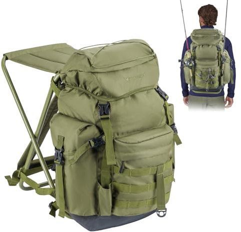 THKFISH 35L Angelrucksack Wasserabweisend mit Stuhl, 3-in-1 Groß Rucksack mit Rutenhaltern Aufbewahrungstasche Tragbarer Hocker,Angel Rucksack für Outdoor Angeln Camping und Jagd,Grün