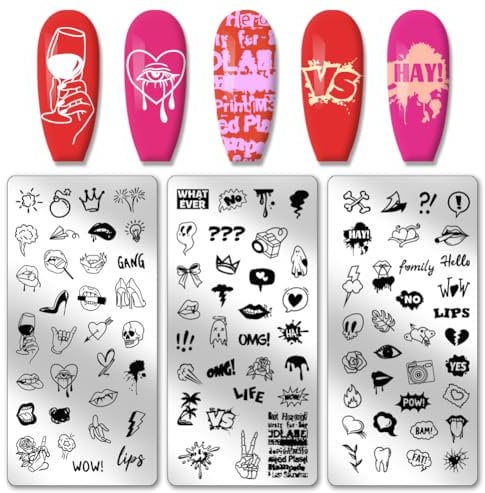 PH PandaHall 3pcs Love Heart Lips Nail Stamper, 96 Patterns Wedding Nail Stamping Plate Greetings Comic Phrases Nail Art Stencils Stainless Steel Nail Plates for Women Party Nail Design Manicure