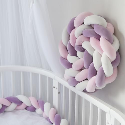 AmphaDeco Bettschlange Geflochten 1 2 3 4 5M, Geflochten Bettschlange Bettumrandung Baby, Seitenschläferkissen Stillkissen, Deko-Kissen Baby Kopfschutz Nestchenschlange,Weiß rosa violett,350cm