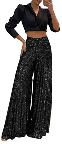 Pailletten Hose Damen Weite Plissee Hose Glitzer High Waist Palazzo Hose Frauen Casual Marlenehose Locker Stoffhose Weitem Bein Freizeithose Elegant Culottes Hose Gummizug Lounge Hose Gerade