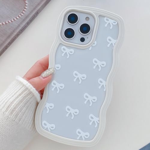 QLTYPRI Bow Case for iPhone 13 Pro, Clear Cute Ribbon Bow Phone Case Curly Wavy Aesthetic Phone Case, Slim Soft Transparent Shockproof Protective Cover for Women Girls - White