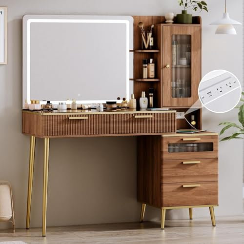 Chrangmay 120 cm großer moderner Schminktisch mit Spiegel und Lichtern, Make-up-Schreibtisch mit 5 Schubladen und Ablagen und Steckdose, Schminktisch mit Glasplatte, Walnuss