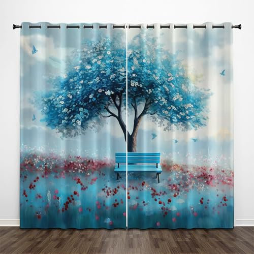 CEDNXOER Thermovorhang Blaues Blumenbeet Verdunklungsvorhänge Ösen 2er Set H 214 x B 132 cm Baum Pflanze Schlafzimmer Gardinen und Vorhänge, Blau Blickdicht Wärmevorhang Kälteschutz Tür Gardine