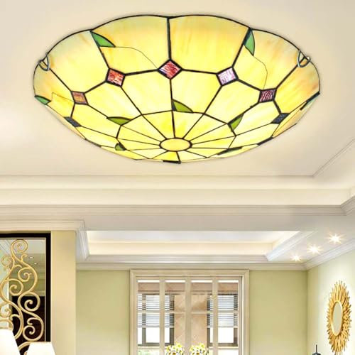 LOGT Retro Deckenlampe Tiffany Glas Vintage Deckenleuchte Runde Barock Decken Leuchte Innen Dekorative Beleuchtung Lampe Skandinavischer Stil Decken Lampe Mediterrane Glas Lampenschirm,30CM