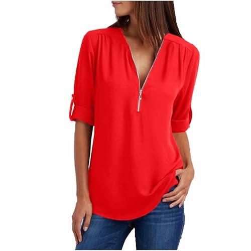 Vhersily 2025 Damen Blusen mit Reißverschluss 3/4 Ärmel Hemd mit V-Ausschnitt Oberteile Bluse Shirts und Blusen Lose T-Shirt Elegante Blusen, rot, Small