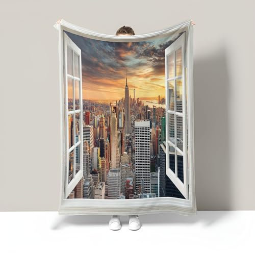 Fleece Kuscheldecken, Weiche Flanell Decken, Leichte, Gemütliche Anti-Verfärben Gefälschte Fenster Sofadecke Wolldecke Für Büro, Sessel Camping, 220X240Cm, New York City