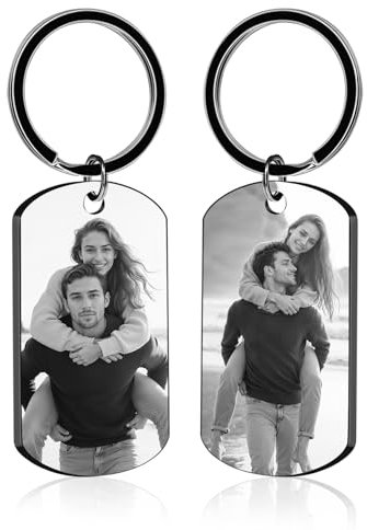 Porte-Clés Personnalisable avec Photo et Gravure Texte Double Face Porte Clef Personnalisé Cadeau pour Homme Femme Couples Amis et Famille (Noir Gravé Recto-Verso)