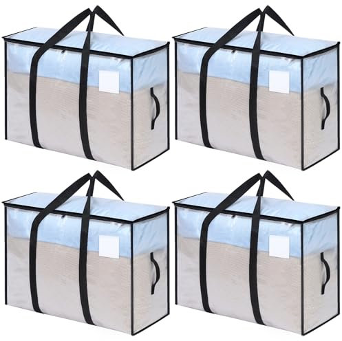 saerryor 4 Pack Clear Clothes Storage Bag,95L Transparent Waterproof Moving Bags with Zips,Reinforced Handle for Moving,Clothes Storage,Packing
