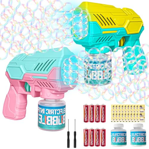 Pistola a Bolle per Bambini, 2 Pcs Macchina Automatica per Bolla di Sapone 10000+ Bolla/Min, Giocattoli a Sapone con Luce LED, 440ml Liquido Incluso, Feste Estive all'aperto Regalo Nozze