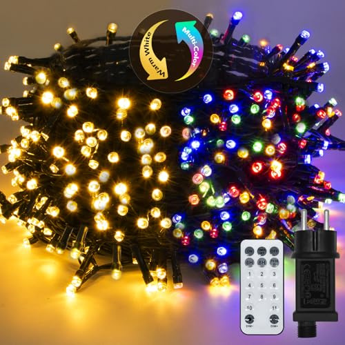 BESCOST Luci Albero di Natale Colorate e Bianco Caldo 50M 500LED con Telecomando RF,Luci Natale 11 Modalità & 4 Luminosità, Timer e Memoria Luci Esterne Natalizie per Albero, Balcone, Giardino