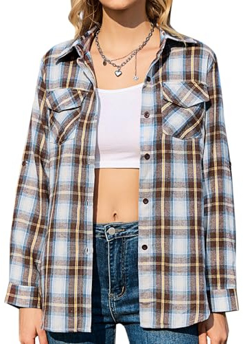 Totatuit Womens Plaid Shirt Long Sleeve V Neck Button Front Casual