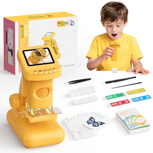 Microscopio Digital para Niños 1200X con Pantalla, Cámara y 8LED | Portátil Y Recargable, Fotos Y Vídeos, Incluye Kit De Muestras STEM Para Explorar Hojas, Tejidos E Insectos Desde 6 Años