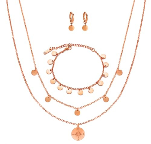 Kim Johanson® Edelstahl Damen Multi Layer Set *Coins* Halsketten, Armband & Ohrringe in Silber, Gold & Roségold | Boho Schmuck für Frauen | Kreise Kette | Wasserfest | Verstellbar |